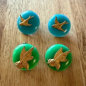Vintage Blue and Green Button Earrings with Gold Wasp and Sparrow